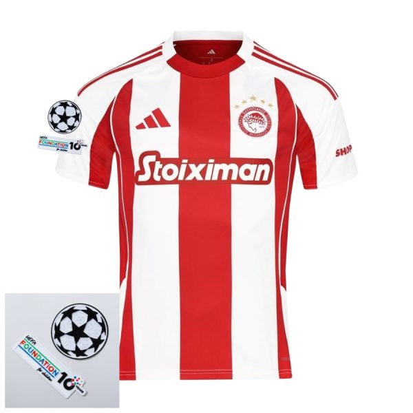 Olympiacos Piraeus Home Fan Jersey 2025/26 Patches UCL + 10th Anniversary UEFA.