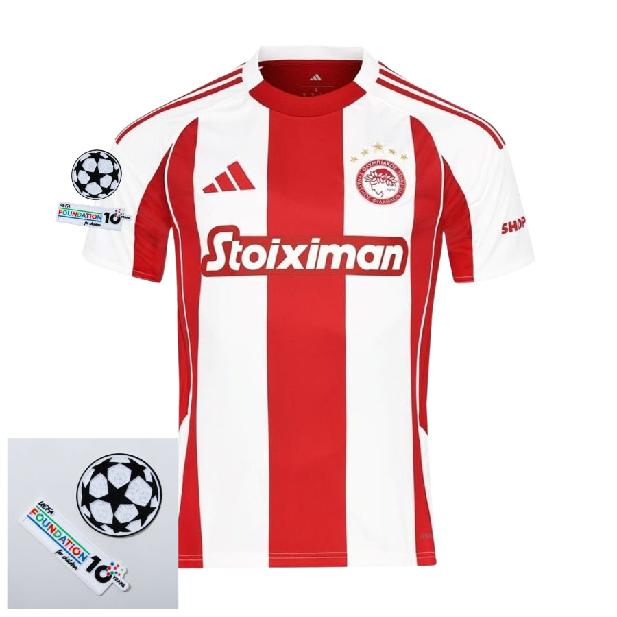 Olympiacos Piraeus Home Fan Jersey 2025/26 Patches UCL + 10th Anniversary UEFA.